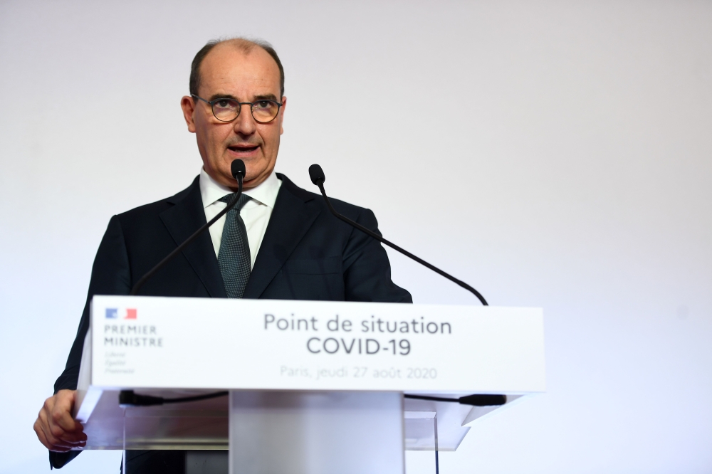French Prime Minister Jean Castex addresses a press conference on the situation of the novel coronavirus (Covid-19) in France, at the Hotel de Matignon in Paris on August 27, 2020. / AFP / POOL / CHRISTOPHE ARCHAMBAULT