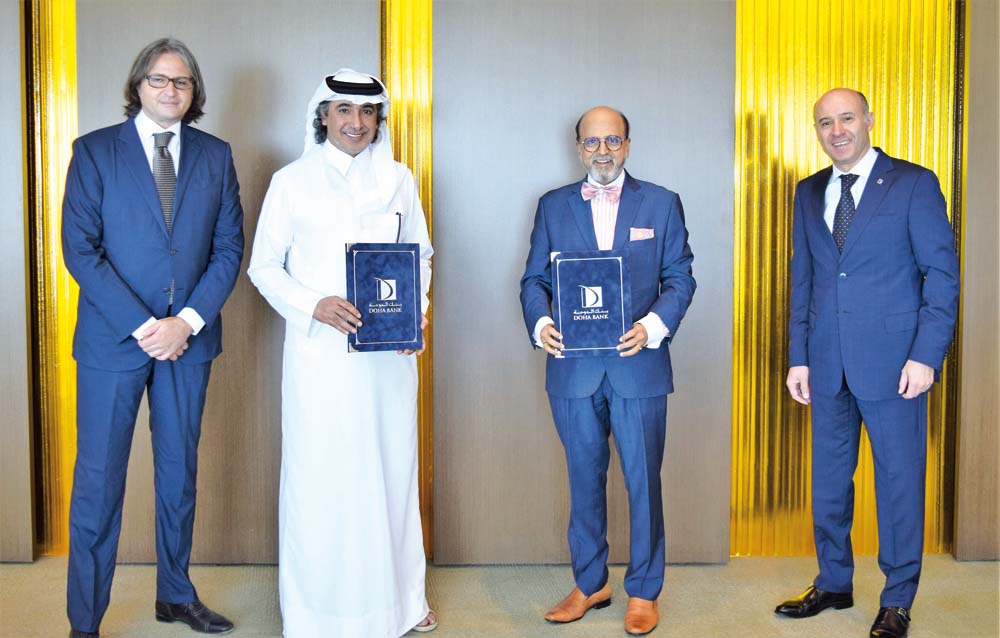 FROM LEFT: Massimiliano Montanari, CEO at ICSS; Mohammed Hanzab, Chairman at ICSS; Dr. R Seetharaman, CEO at Doha Bank; and Slim Bouker, Head of Private Banking at Doha Bank, in Doha recently. 