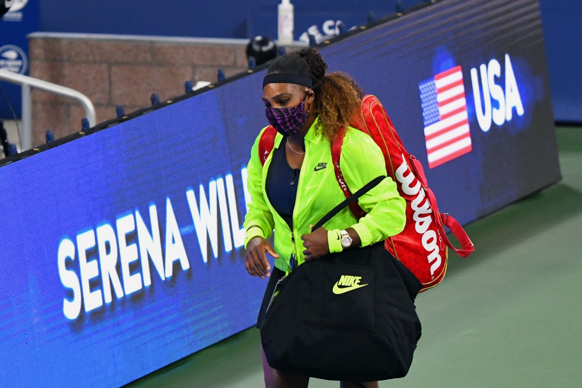Aug 25, 2020; Flushing Meadows, New York, USA; Serena Williams (USA) wears a mask as she walks to the court before a match against Maria Sakkari (GRE) during the Western & Southern Open at the USTA Billie Jean King National Tennis Center. Mandatory Credit