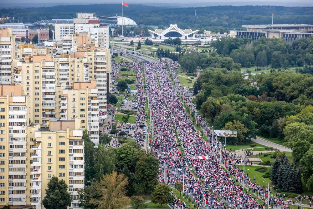 Belarus opposition supporters attend a rally to protest against the disputed August 9 presidential elections results in Minsk on September 6, 2020.  AFP 