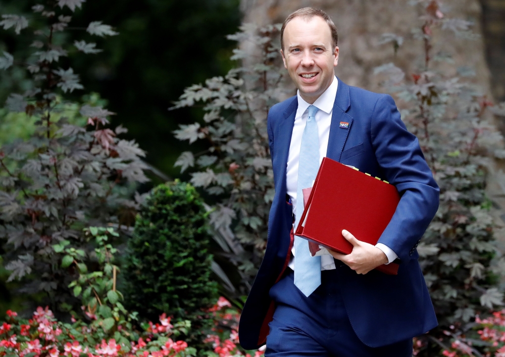 Britain's Health Secretary Matt Hancock reacts as he arrives at 10 Downing Street in central London on September 3, 2020. AFP / Tolga Akmen 