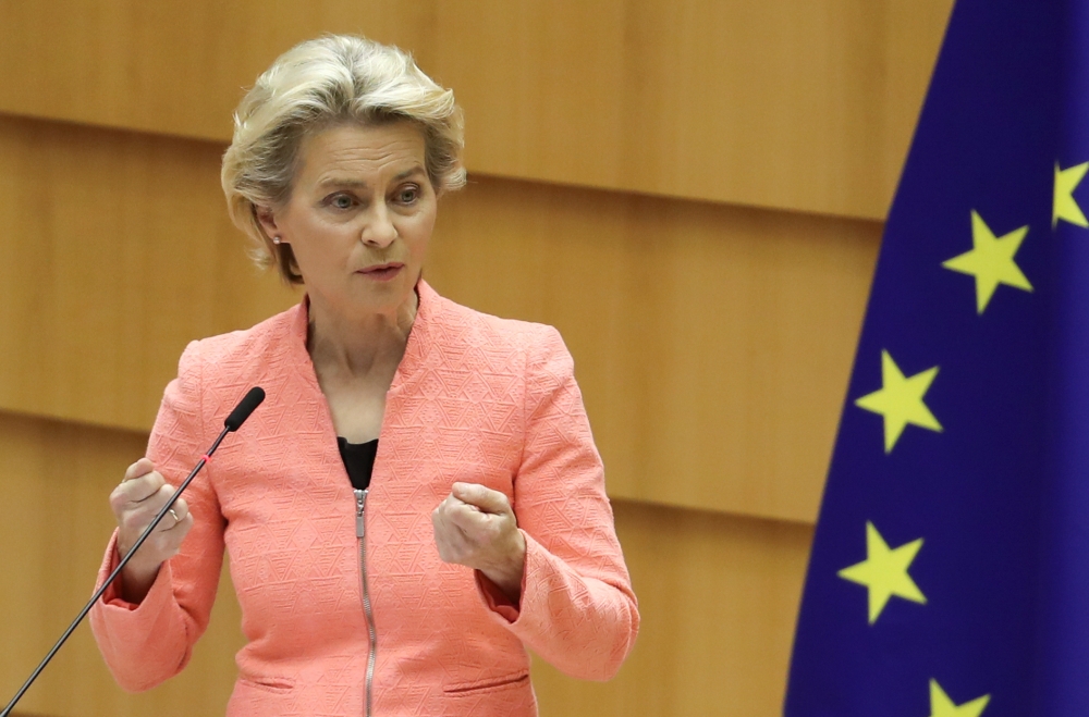 European Commission President Ursula von der Leyen gestures as she addresses her first State of the European Union speech during a plenary session of the European Parliament as the coronavirus disease (COVID-19) outbreak continues, in Brussels, Belgium Se