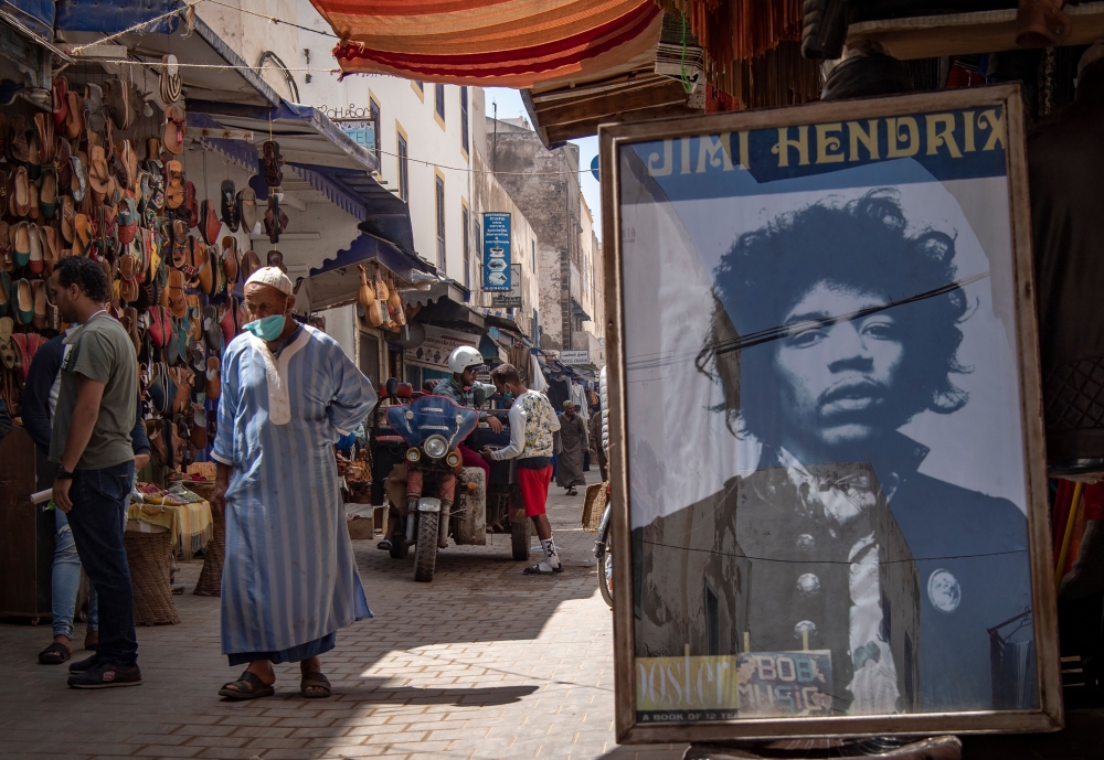 A picture taken in the Moroccan coastal city of Essaouira shows portraits of late US guitarist Jimi Hendrix on September 10, 2020. AFP / FADEL SENNA