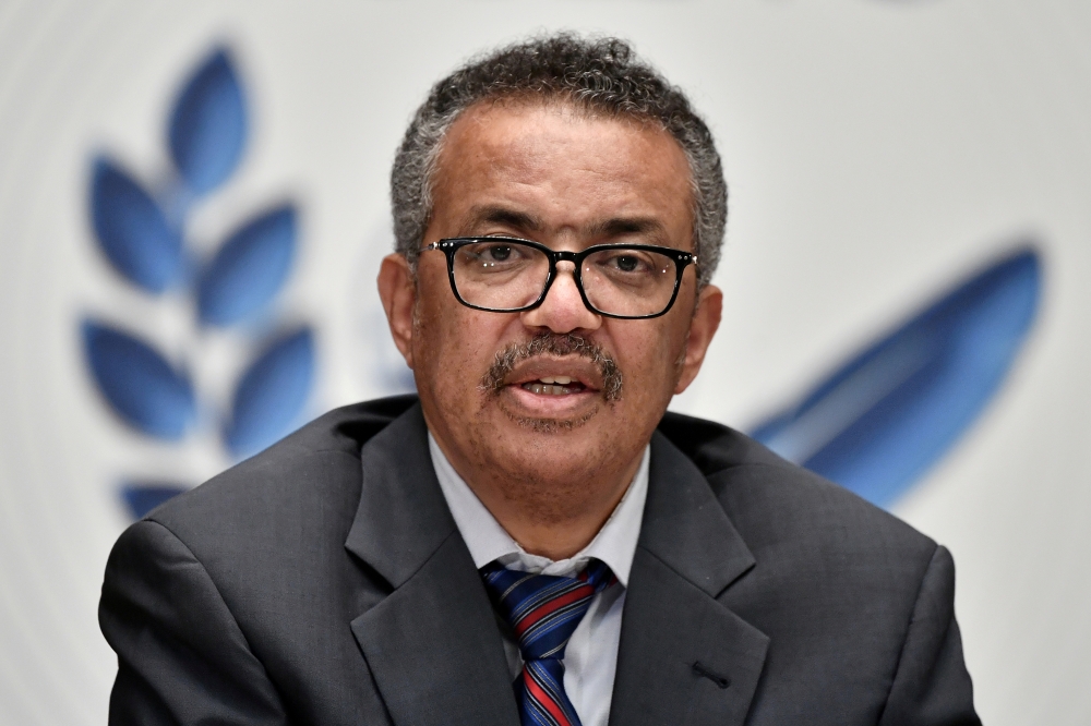 World Health Organization (WHO) Director-General Tedros Adhanom Ghebreyesus attends a news conference organized by Geneva Association of United Nations Correspondents (ACANU) amid the COVID-19 outbreak, caused by the novel coronavirus, at the WHO headquar