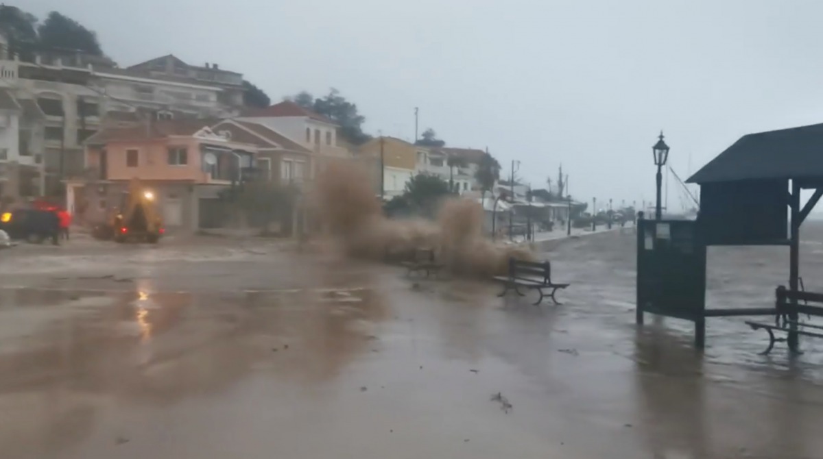 A wave slams on the coastline during storm Ianos in Agia Efimia, Kefalonia, Greece September 18, 2020, in this still image from a social media video. Apostolos Moustakis/via REUTERS