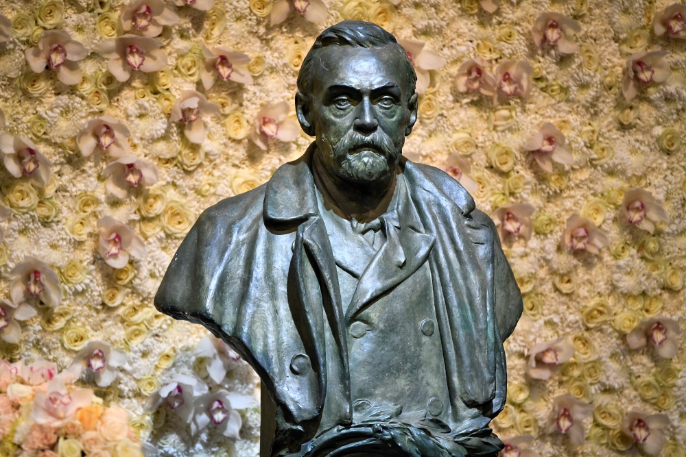 File photo: A bronze bust of Alfred Nobel is pictured before the Nobel Prize ceremony at Stockholm Concert Hall, in Stockholm, Sweden December 10, 2019. TT News Agency/Claudio Bresciani via Reuters  