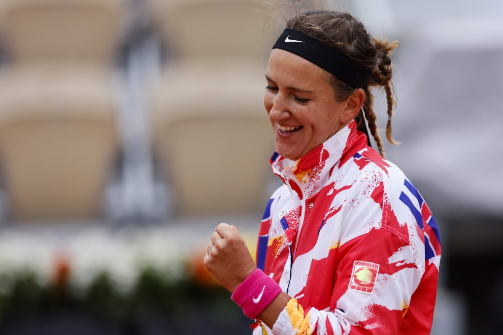 Belarus' Victoria Azarenka celebrates after victory over Montenegro's Danka Kovinic during their women's singles first round tennis match at the Suzanne Lenglen court on Day 1 of The Roland Garros 2020 French Open tennis tournament in Paris on September 2