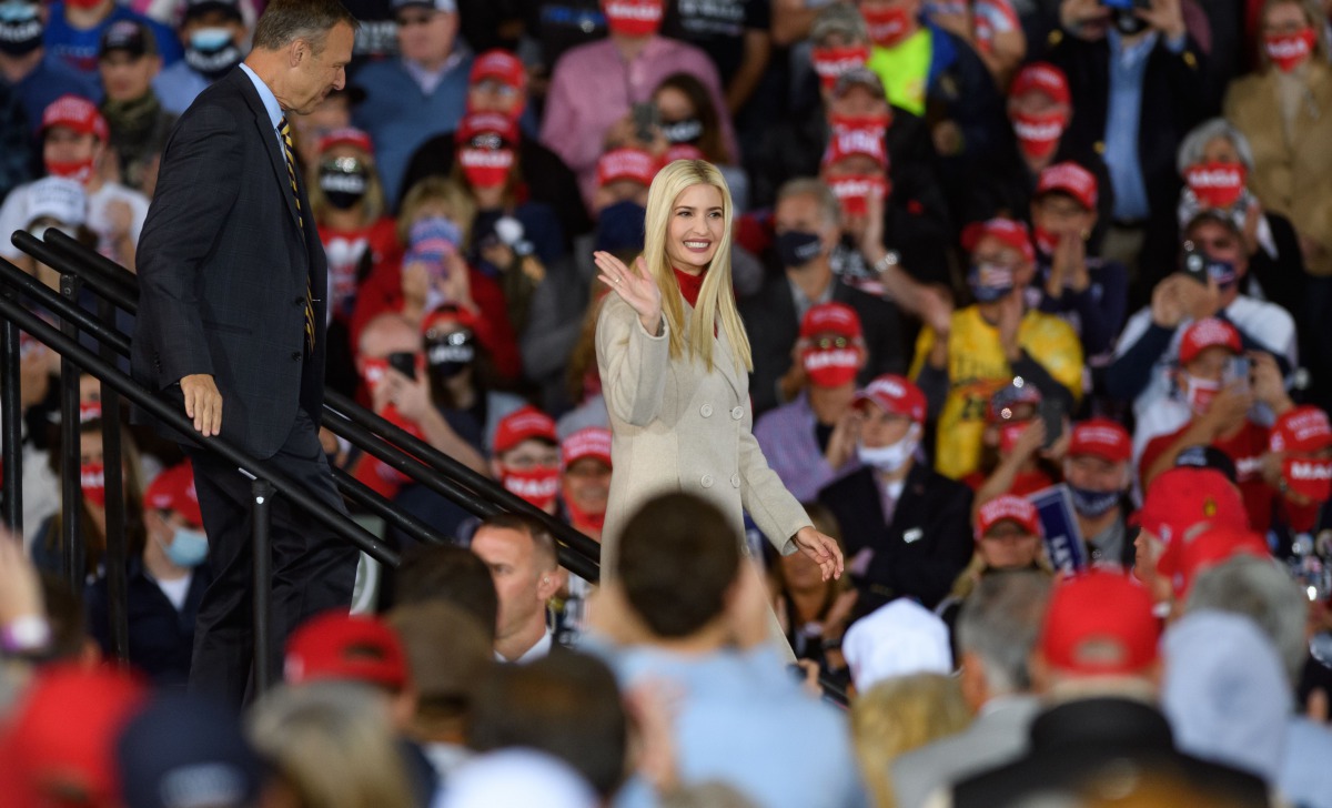 MOON TOWNSHIP, PA - SEPTEMBER 22: Ivanka Trump waves from the stage as President Donald Trump speaks at a campaign rally at Atlantic Aviation on September 22, 2020 in Moon Township, Pennsylvania. Trump won Pennsylvania by less than a percentage point in 2