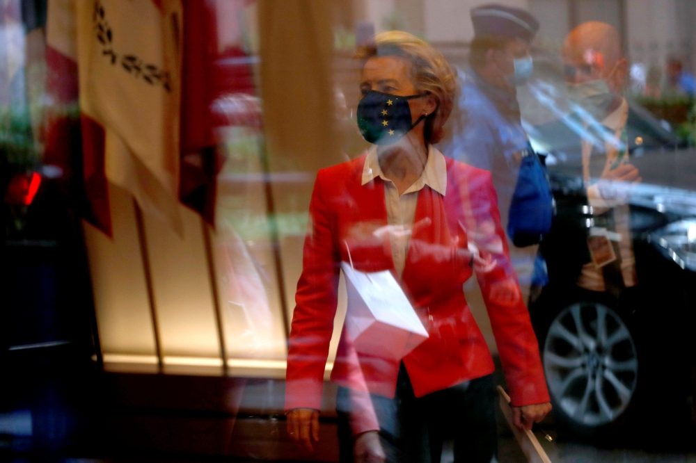 European Commission President Ursula von der Leyen leaves at the end of the European Union leaders summit at the Europa building in Brussels, Belgium October 2, 2020. Francisco Seco/Pool via REUTERS