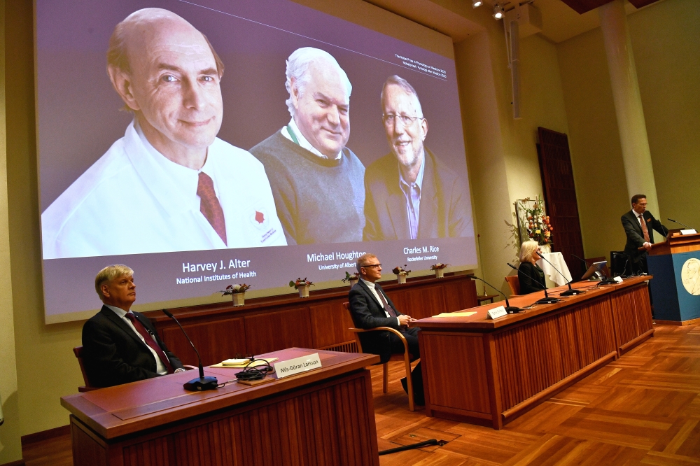 Thomas Perlmann, Secretary of the Nobel Assembly at Karolinska Institutet and of the Nobel Committee for Physiology or Medicine, announces Harvey J Alter, Michael Houghton and Charles M? Rice as the winners of the 2020 Nobel Prize in Physiology or Medicin