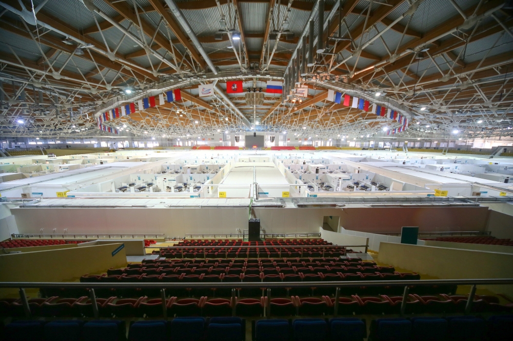 An interior view shows the Krylatskoye indoor ice skating arena following the decision of local authorities to turn it into a temporary hospital amid the coronavirus disease (COVID-19) outbreak in Moscow, Russia October 5, 2020. Sergei Vedyashkin/Moscow N