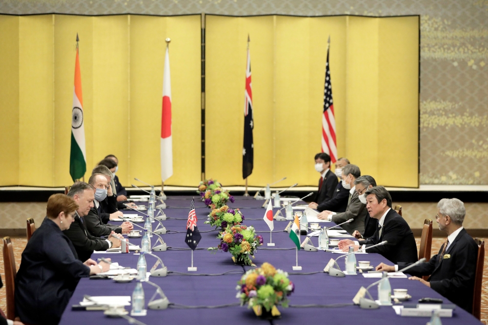 Indian Foreign Minister Subrahmanyam Jaishankar (R), Japan's Foreign Minister Toshimitsu Motegi (2nd R), Australia's Foreign Minister Marise Payne (L) and US Secretary of State Mike Pompeo (2nd L) attend the four Indo-Pacific nations' foreign ministers me