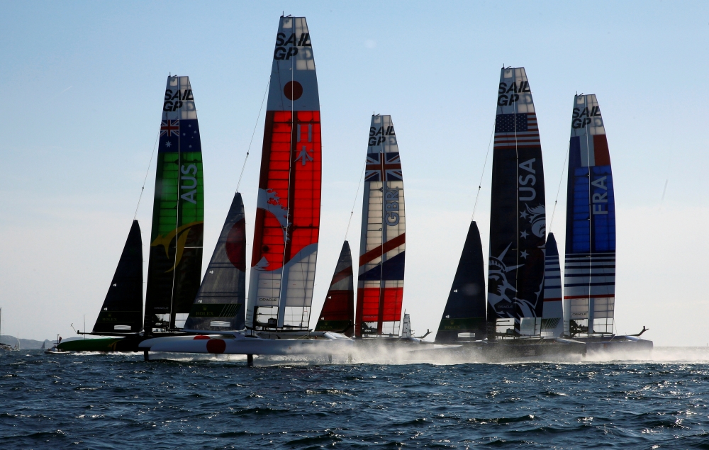 SailGP Teams compete during the start of the day one of the SailGP event in Marseille, France, September 20, 2019. REUTERS/Jean-Paul Pelissier/File Photo