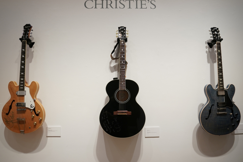 Guitars that will go up for sale as part of their Nashville Country auction are pictured at Christie's auction house, in the Manhattan borough of New York City, New York, U.S., October 14, 2020. REUTERS/Carlo Allegri