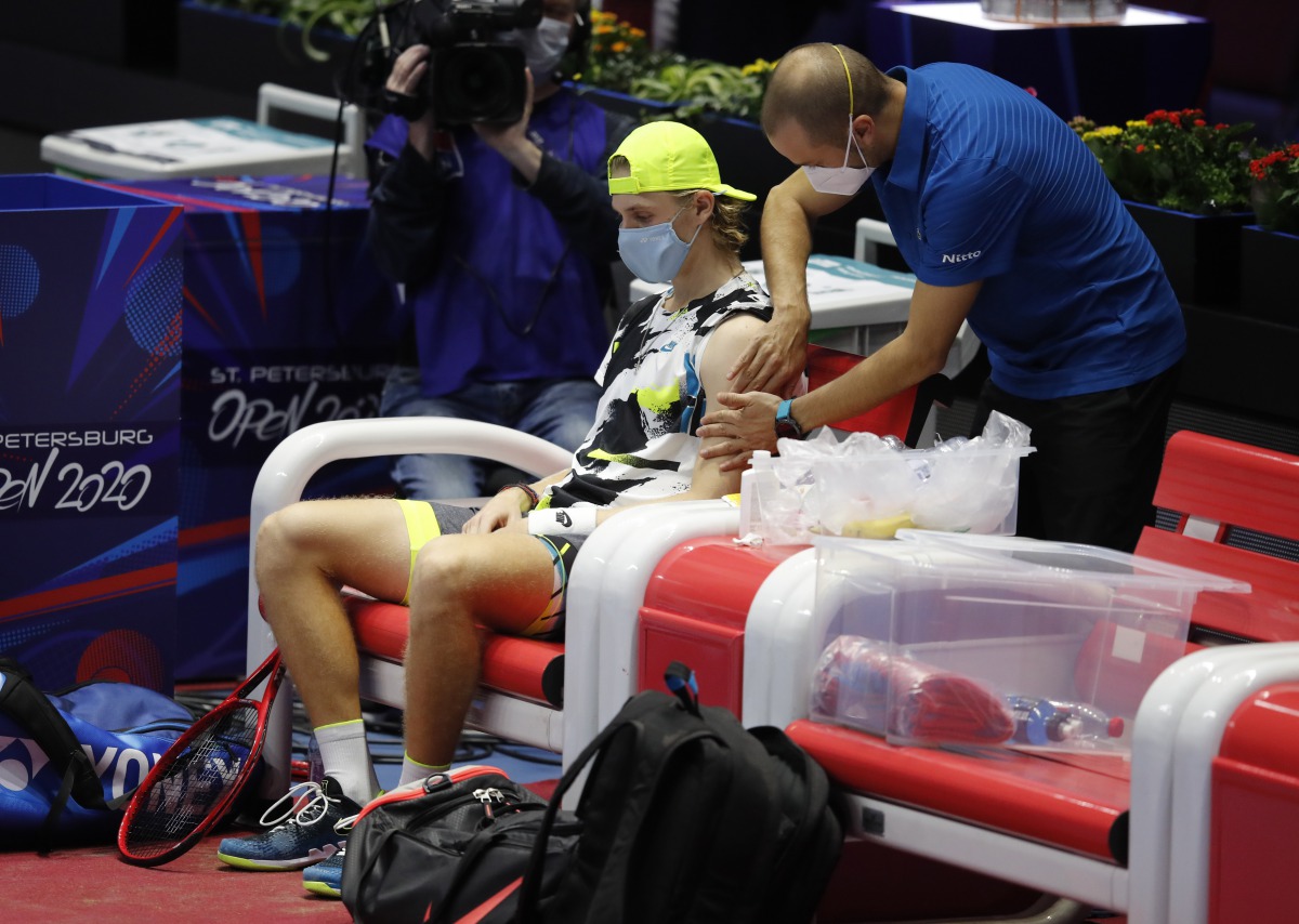 Tennis - ATP 500 - St Petersburg Open - St Petersburg, Russia - October 17, 2020 Russia's Denis Shapovalov receives treatment during his semi final match against Russia's Andrey Rublev REUTERS/Anton Vaganov
