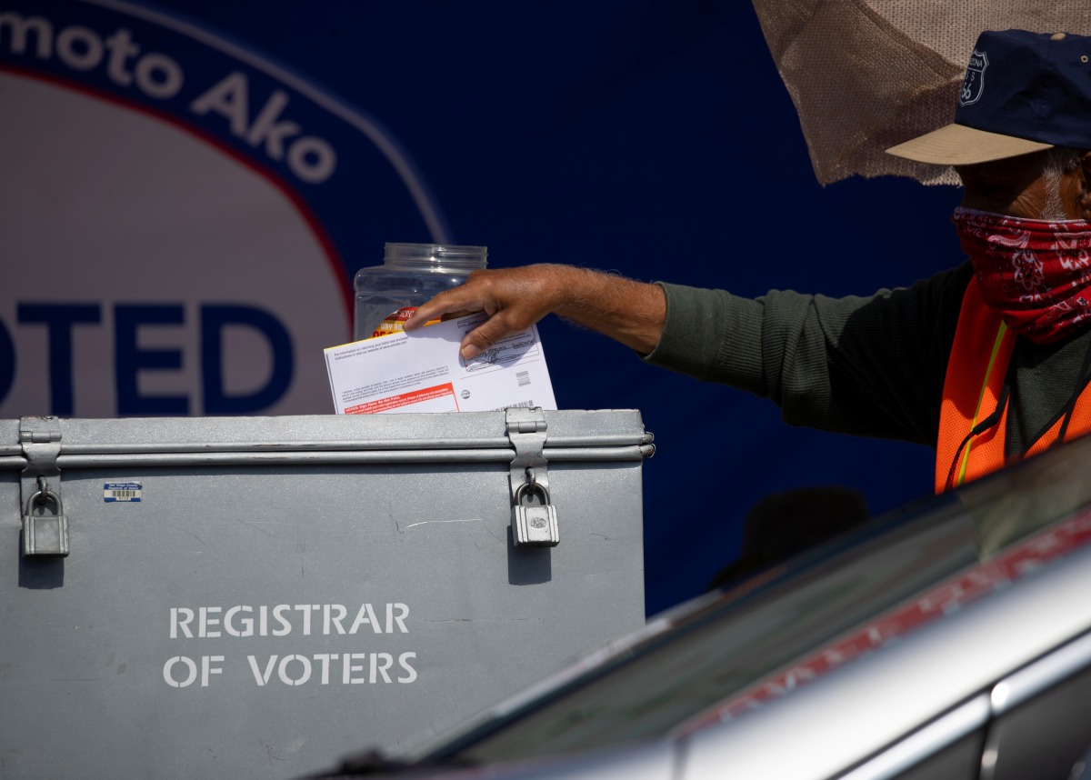 Vehicles drive through to drop off their mail-in ballots at the Registrar of Voters for San Diego County in San Diego, California, U.S., October 19, 2020. REUTERS/Mike Blake
