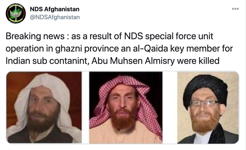 A tweet from NDS Afghanistan saying that they have killed Abu Muhsin Al-Masri in operations, accompanied by three profile photos of Al-Masri, is seen on NDS Afghanistan's Twitter account October 24, 2020. NDS Afghanistan via Twitter/via Reuters