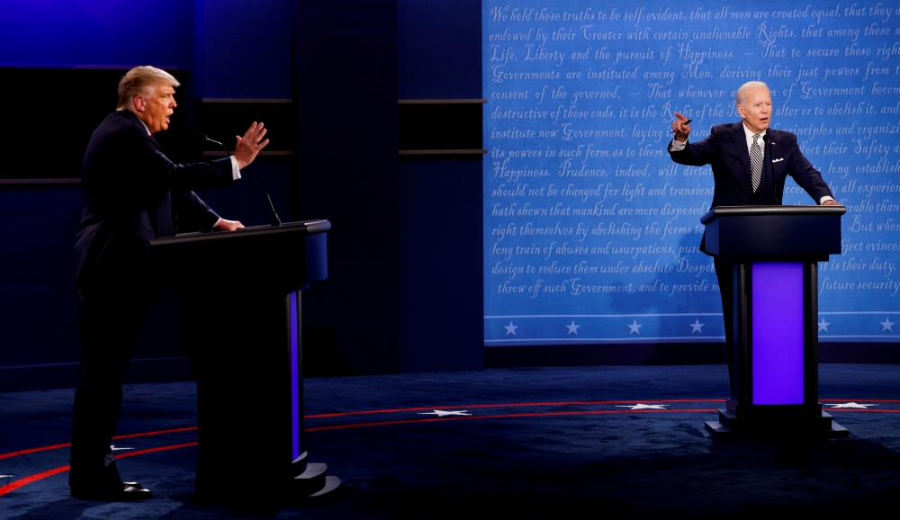 U.S. President Donald Trump and Democratic presidential nominee Joe Biden participate in their first 2020 presidential campaign debate held on the campus of the Cleveland Clinic at Case Western Reserve University in Cleveland, Ohio, U.S on September 29, 2