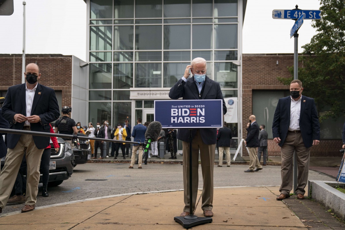 CHESTER, PA - OCTOBER 26: Democratic presidential nominee Joe Biden speaks to reporters while visiting a voter mobilization center on October 26, 2020 in Chester, Pennsylvania. In Pennsylvania, Tuesday, October 27 is the last day to request a mail-in ball