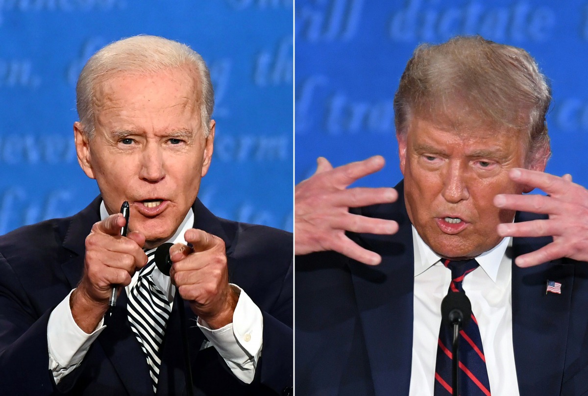 (FILES)(COMBO) This combination of file pictures created on September 29, 2020 shows Democratic Presidential candidate and former US Vice President Joe Biden (L) and US President Donald Trump speaking during the first presidential debate at the Case Weste