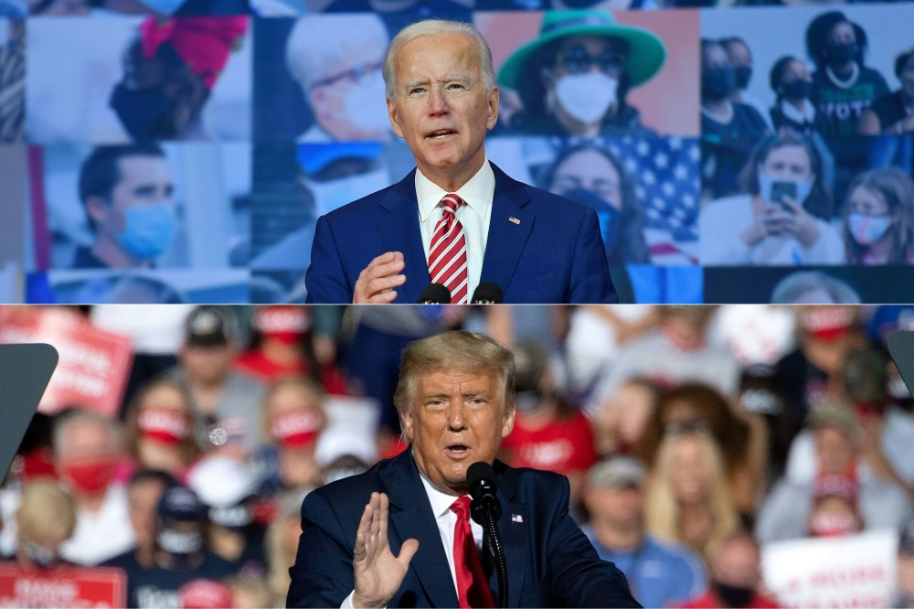 (COMBO) This combination of pictures created on October 30, 2020 shows Democratic presidential nominee and former Vice President Joe Biden delivers remarks on Covid-19 at The Queen theater on October 23, 2020 in Wilmington, Delaware and US President Donal