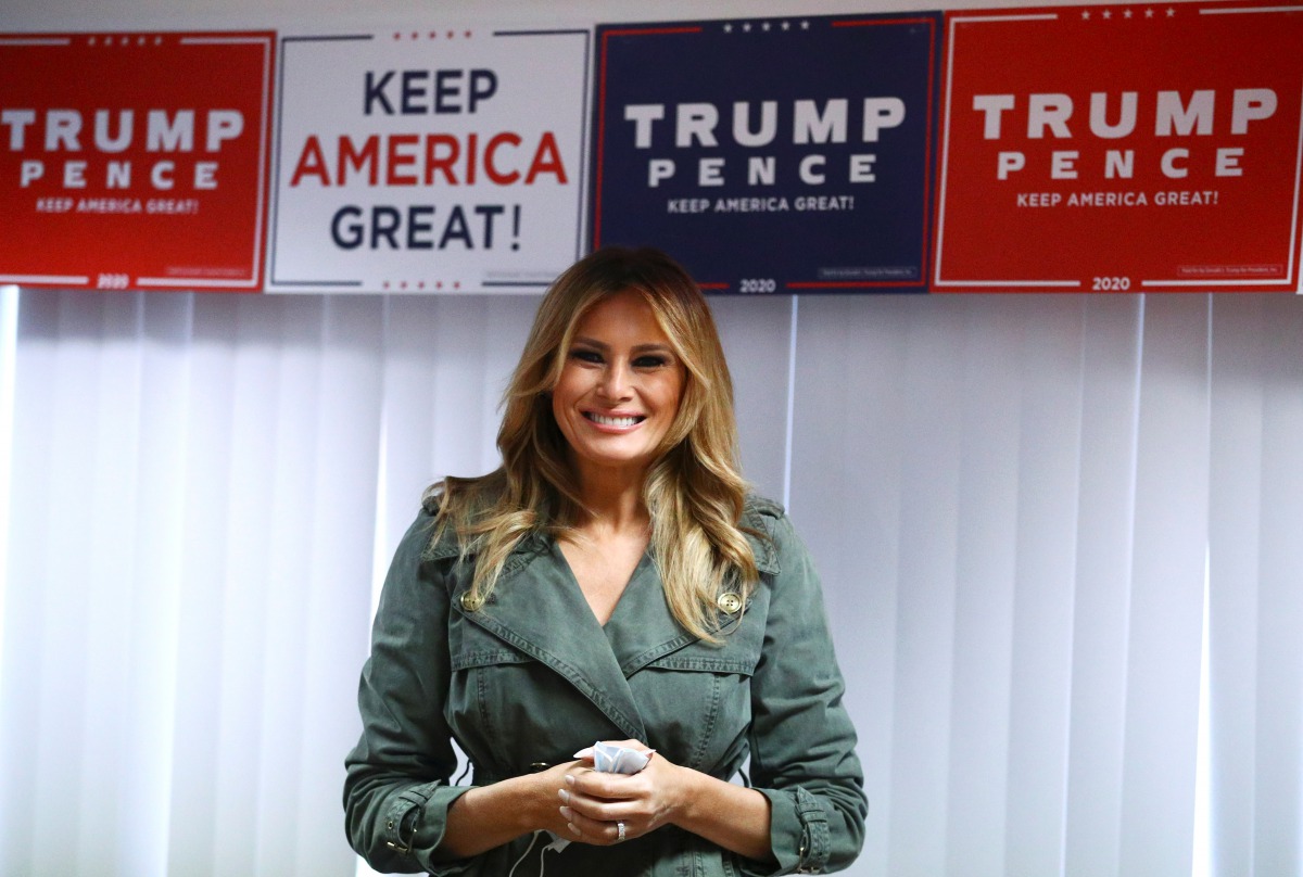 U.S. first lady Melania Trump reacts as she meets with volunteers at the Republican Committee of Lancaster County in Lancaster, Pennsylvania, U.S., October 27, 2020. REUTERS/Hannah Mckay
