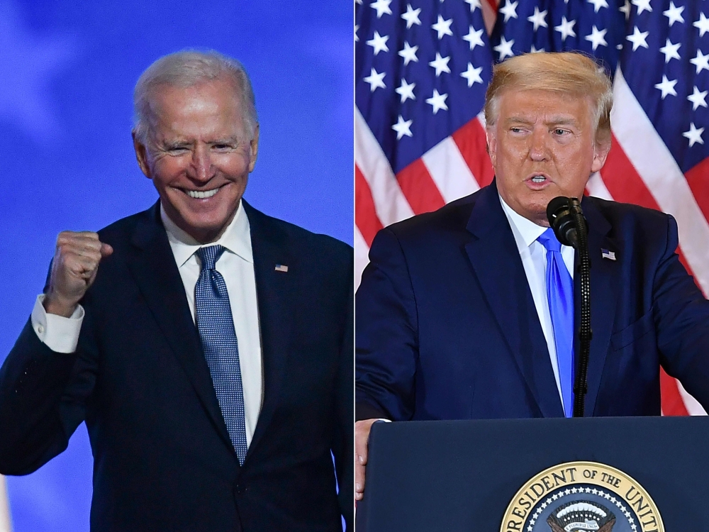 This combination of pictures created on November 4, 2020 shows Democratic presidential nominee Joe Biden gestures after speaking during election night at the Chase Center in Wilmington, Delaware, and US President Donald Trump speaks during election night 