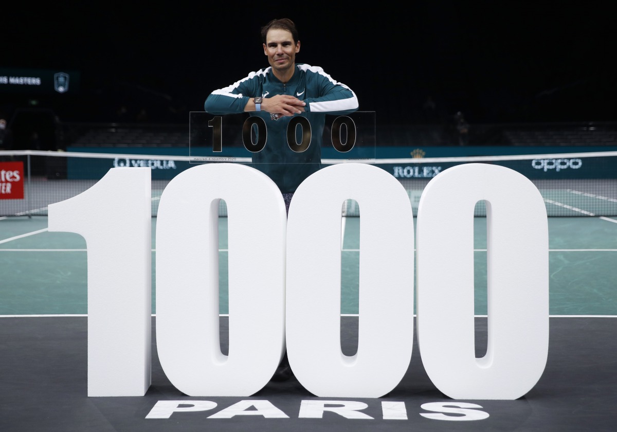 Tennis - ATP Masters 1000 - Paris Masters - AccorHotels Arena, Paris, France - November 4, 2020 Spain’s Rafael Nadal celebrates after winning his second round match against Spain’s Feliciano Lopez and his 1000th professional match REUTERS/Gonzalo Fuentes