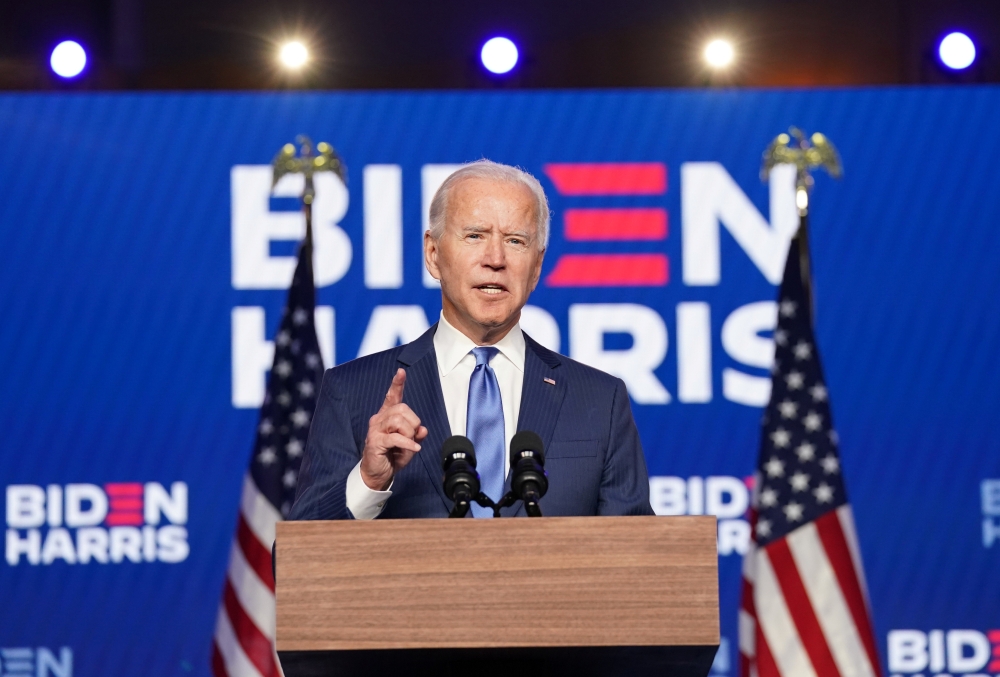 U.S Democratic presidential nominee Joe Biden speaks about election results in Wilmington, Delaware, U.S., November 6, 2020. REUTERS/Kevin Lamarque