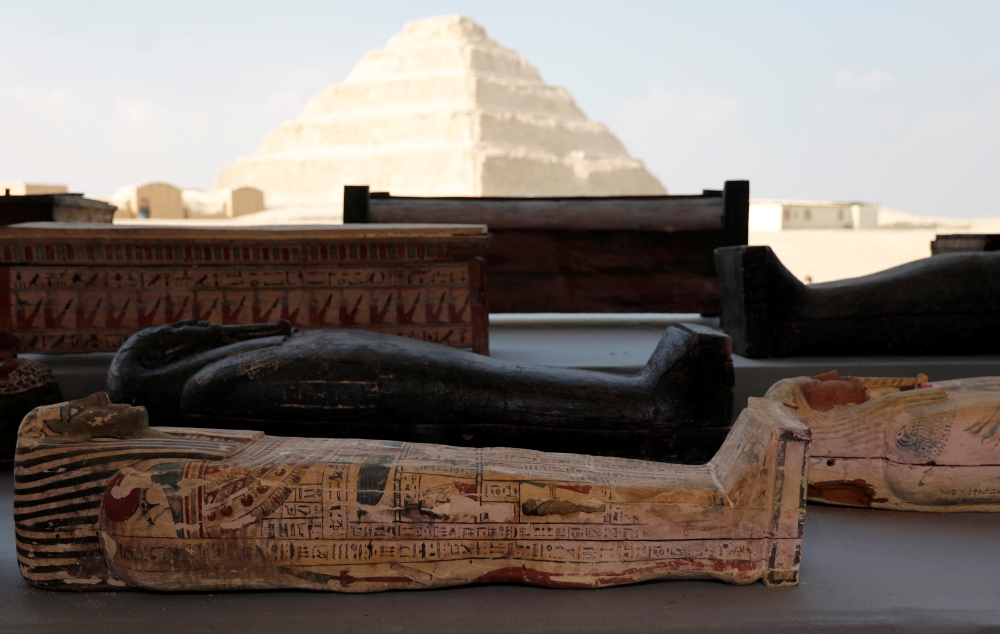 Sarcophaguses that are around 2500 years old, from the newly discovered burial site near Egypt's Saqqara necropolis, are seen during a presentation in Giza, Egypt November 14, 2020. REUTERS/Mohamed Abd El Ghany
