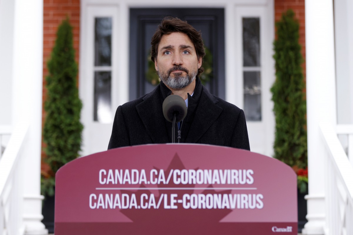 Canada's Prime Minister Justin Trudeau attends a news conference at Rideau Cottage, as efforts continue to help slow the spread of the coronavirus disease (COVID-19), in Ottawa, Ontario, Canada November 20, 2020. REUTERS/Blair Gable
