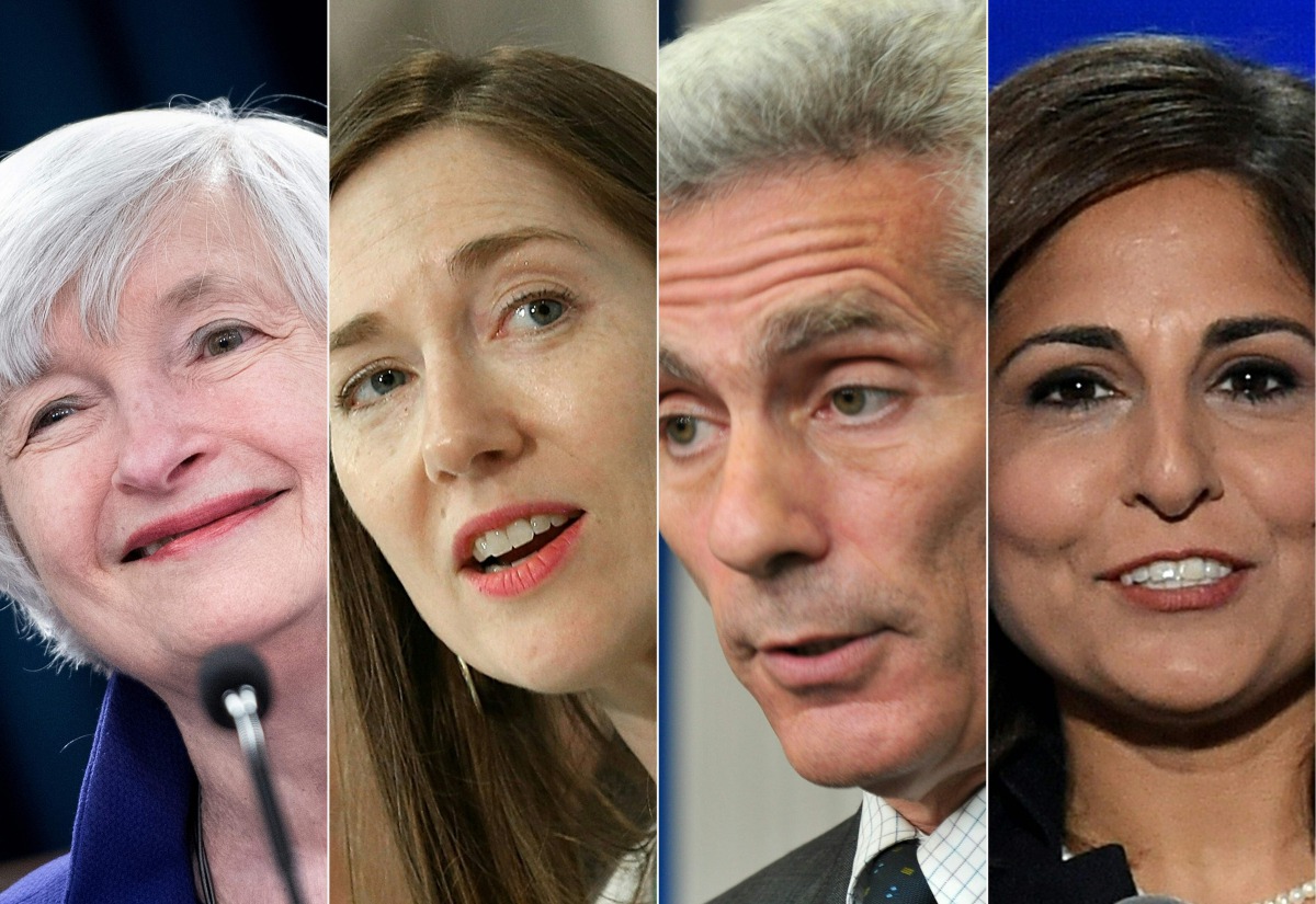 This combination of file pictures shows former Federal Reserve Board Chair Janet Yellen, former Center for American Progress Senior Fellow Heather Boushey, Jared Bernstein, former Chief Economist and Economic Policy Adviser to US Vice President Joseph Bid