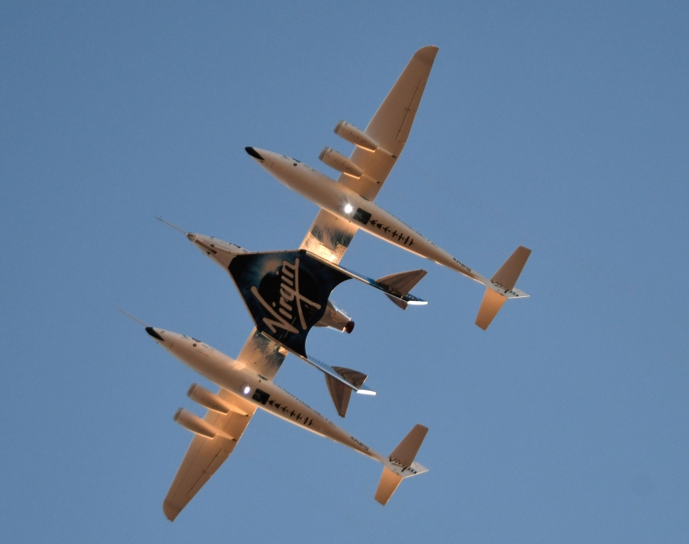 In this file photo taken on December 13, 2018 Virgin Galactic's SpaceshipTwo takes off for a suborbital test flight of the VSS Unity in Mojave, California. Virgin Galactic's passenger aircraft SpaceShipTwo was forced to abort a test flight on December 12,