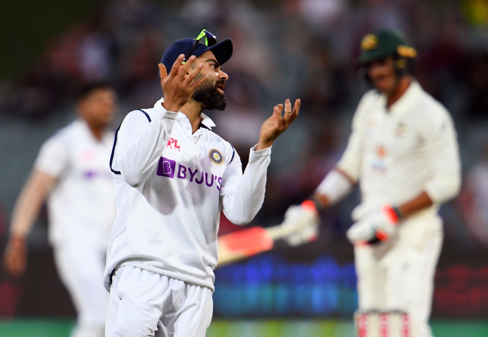 India's Virat Kohli reacts during the second day of the first cricket Test match between Australia and India played in Adelaide on December 18, 2020. AFP / William West 