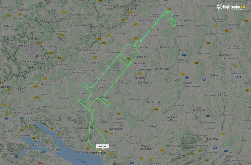 A flightradar24.com handout photo received on December 27, 2020 shows the flight track for a D-ENIG plane that traced a syringe on the maps in Germany to celebrate the arrival of a COVID-19 vaccine. The flight between Friedrichshafen and Ulm took place on