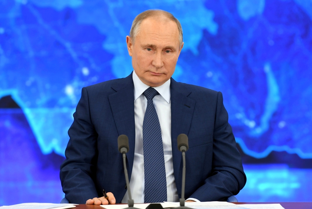 Russian President Vladimir Putin attends his annual end-of-year news conference, held online in a video conference mode, at the Novo-Ogaryovo state residence outside Moscow, Russia December 17, 2020. Sputnik/Alexei Nikolsky/Kremlin via REUTERS