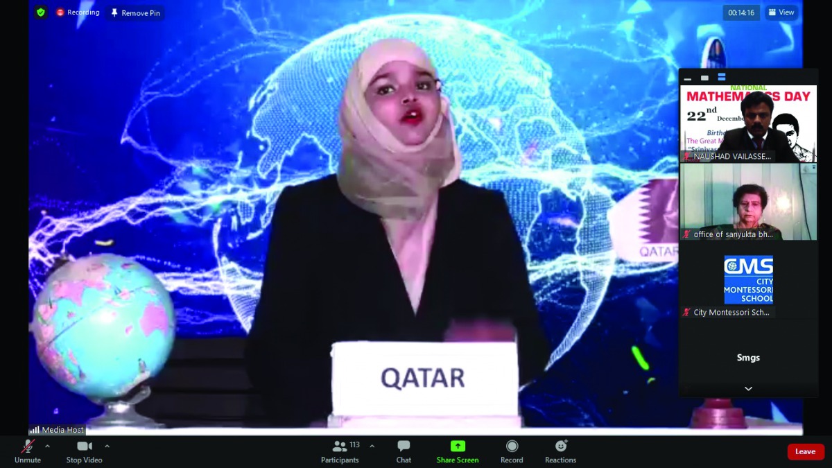 An MES Indian School student giving her presentation during the competition.