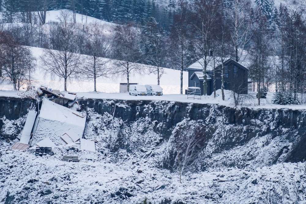 View of the damage following a deadly landslide in Ask, Gjerdrum, Norway January 2, 2021. NTB/Haakon Mosvold Larsen