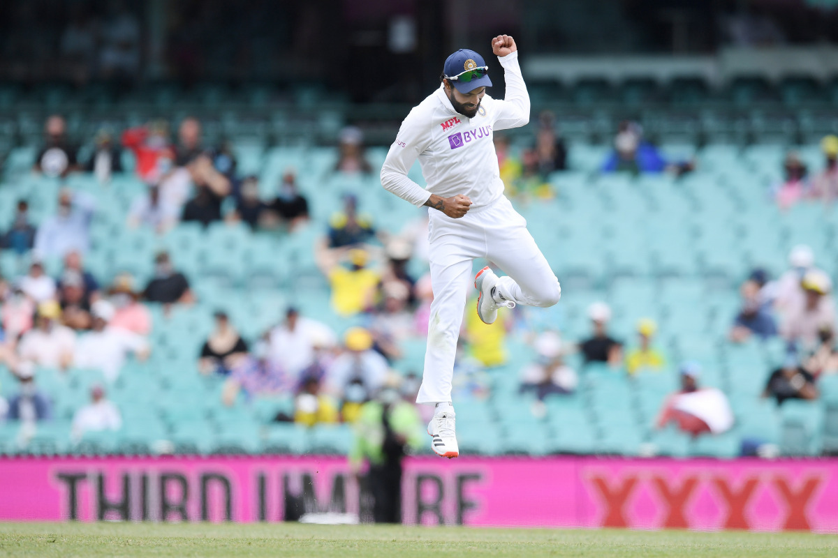 Ravindra Jadeja of India celebrates after running out Steve Smith of Australia for 131 during day two of the third test match between Australia and India at the SCG, Sydney, Australia, January 8, 2021. AAP Image/Dean Lewins via REUTERS 