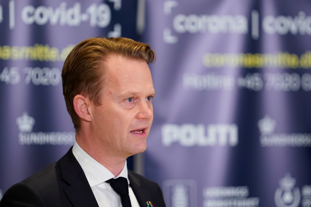 Danish Foreign Minister Jeppe Kofod speaks during a news conference, announcing changes in Denmark's entry and exit restrictions amid the coronavirus disease (COVID-19) pandemic, at the Ministry of Foreign Affairs, in Copenhagen, Denmark January 8, 2021. 