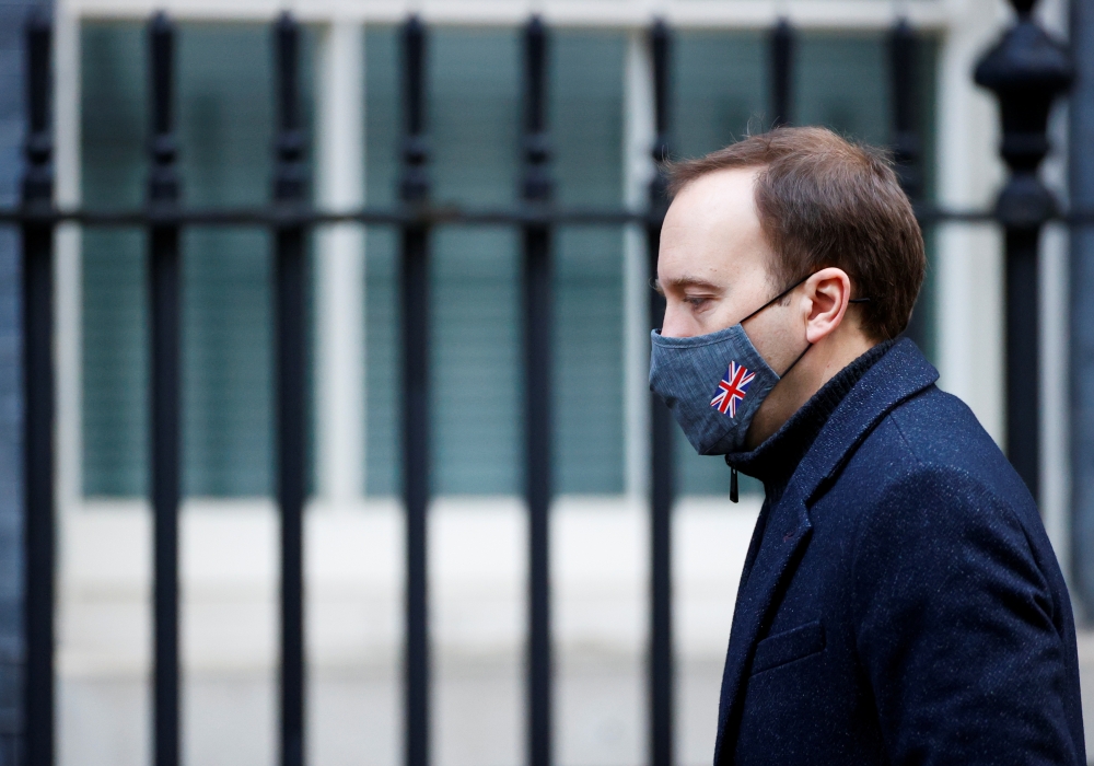 Britain's Health Secretary Matt Hancock arrives at Downing Street, in London, Britain, January 6, 2021. Reuters/John Sibley