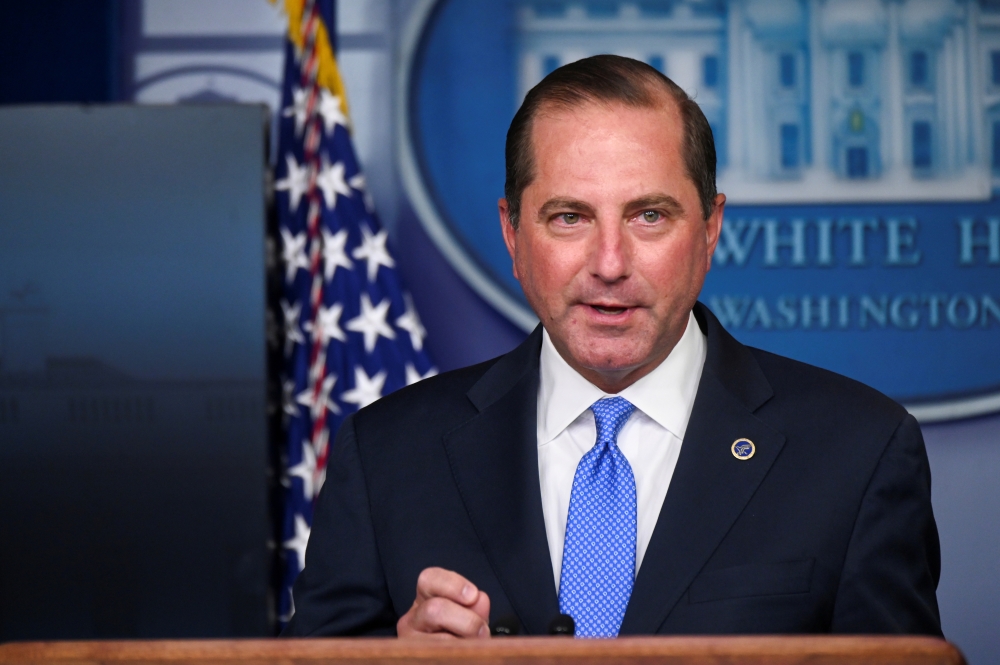 U.S. Health and Human Services (HHS) Secretary Alex Azar speaks during a news conference about the latest coronavirus disease (COVID-19) developments, in the Brady Press Briefing Room of the White House in Washington, U.S. August 23, 2020. REUTERS/Erin Sc