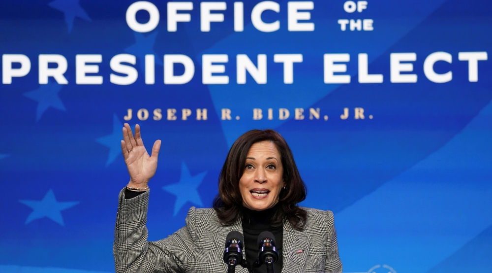 U.S. Vice President-elect Kamala Harris speaks after U.S. President-elect Joe Biden introduced key members of his White House science team at his transition headquarters in Wilmington, Delaware, U.S., January 16, 2021 REUTERS/Kevin Lamarque/File Photo