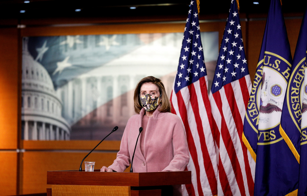 House Speaker Nancy Pelosi (D-CA) speaks to reporters the day after U.S. President Joe Biden's inauguration as the 46th president of the United States, during her weekly news conference at the U.S. Capitol in Washington, U.S., January 21, 2021. REUTERS/To