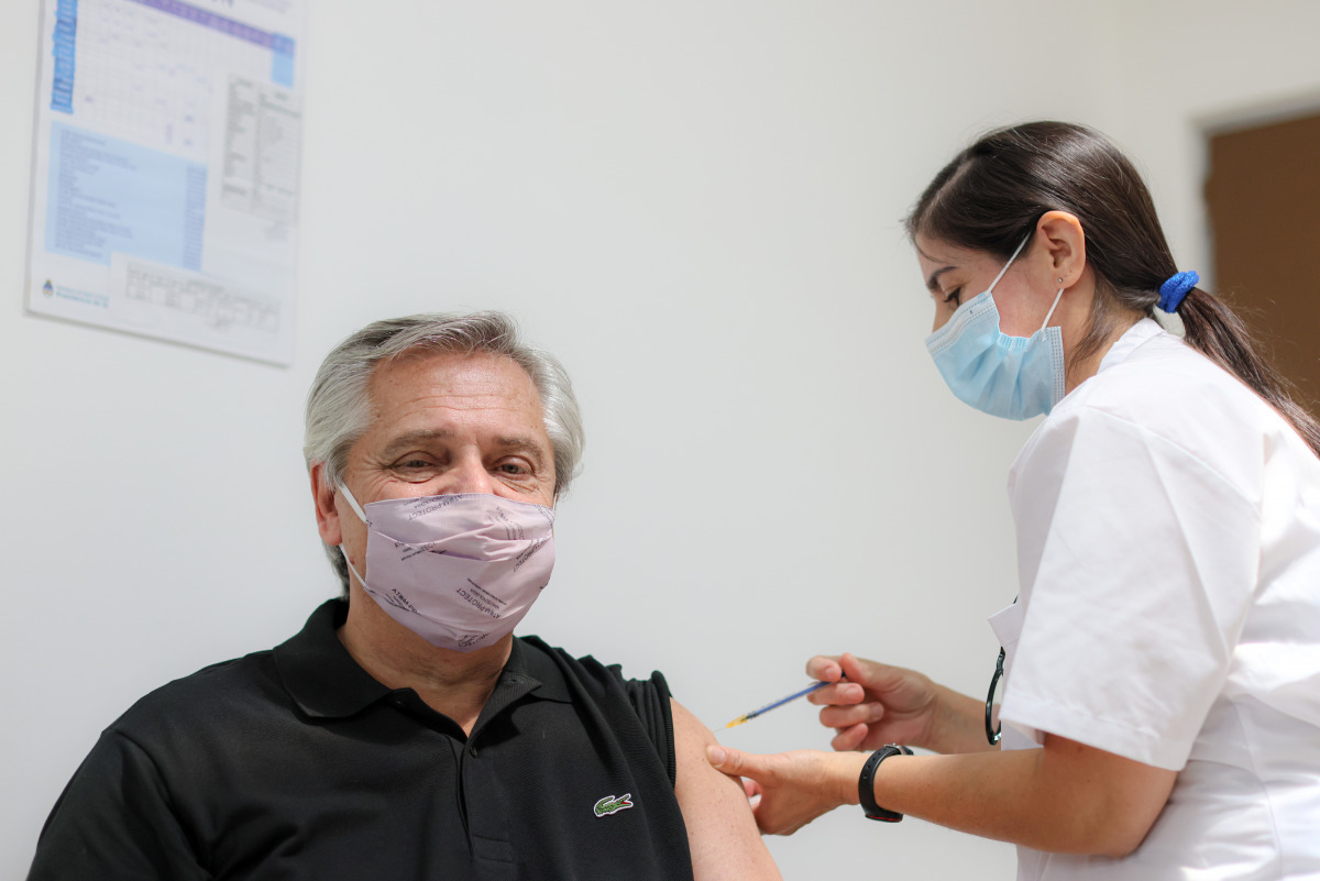 Argentina's President Alberto Fernandez gets vaccinated with the Sputnik V (Gam-COVID-Vac) vaccine at the Hospital Posadas, in Buenos Aires, Argentina January 21, 2021. Esteban Collazo/Argentine Presidency/Handout via REUTERS 
