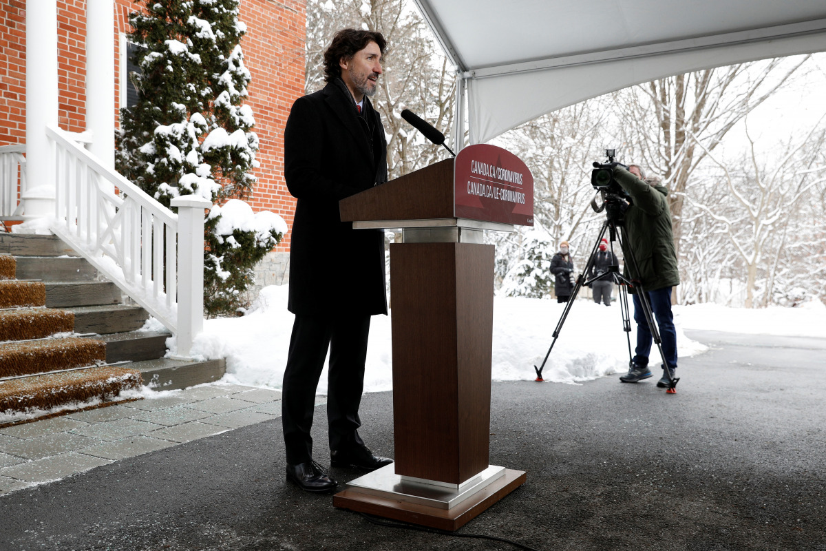 Canada's Prime Minister Justin Trudeau attends a news conference at Rideau Cottage, as efforts continue to help slow the spread of the coronavirus disease (COVID-19), in Ottawa, Ontario, Canada January 22, 2021. REUTERS/Blair Gable
