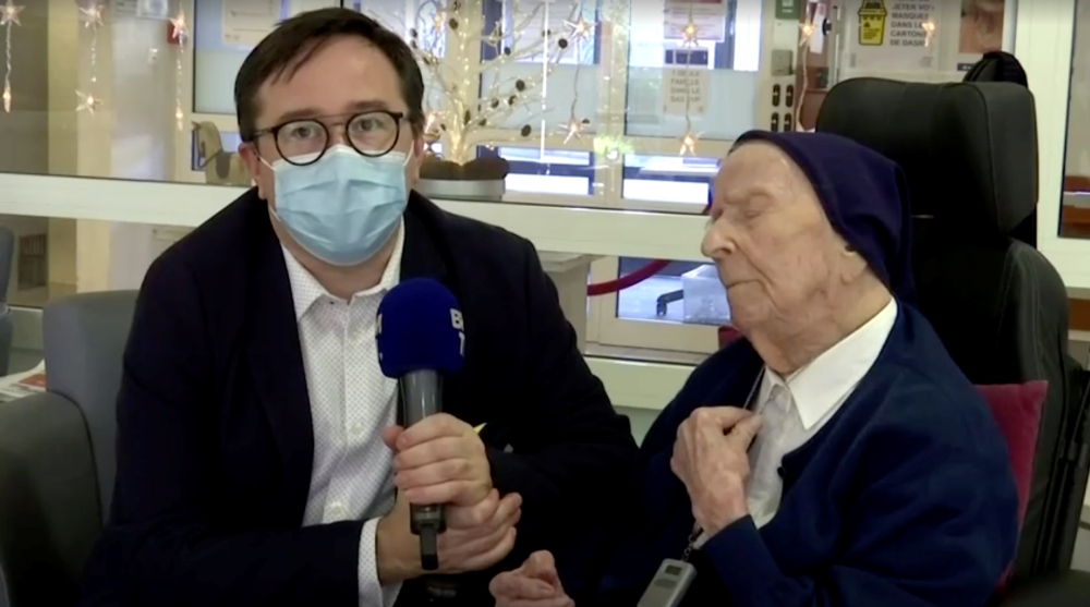 Europe's oldest person, 117-year-old nun Lucile Randon, also known as Sister Andre, who survived the coronavirus disease (COVID-19), is interviewed in Toulon, France February 9, 2021 in this still image taken from video. BFMTV/Reuters TV via REUTERS