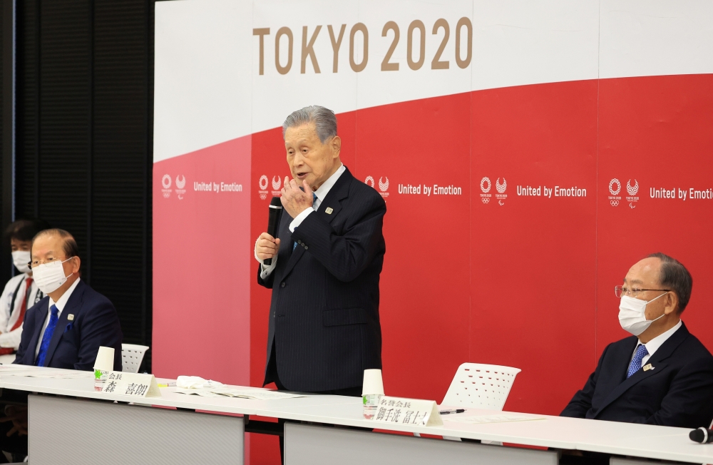 Tokyo 2020 Olympics organizing committee president Yoshiro Mori announces his resignation as he takes responsibility for his sexist comments at a meeting with council and executive board members at the committee headquarters, in Tokyo, Japan February 12, 