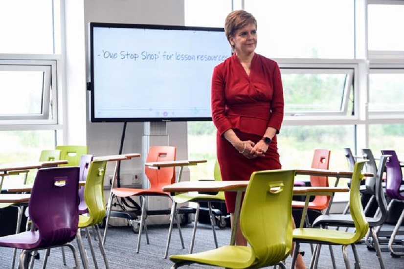FILE PHOTO: First Minister of Scotland Nicola Sturgeon visits West Calder High School in West Calder, Scotland amid the coronavirus disease (COVID-19) outbreak, in Britain August 10, 2020. Andy Buchanan/Pool via REUTERS
