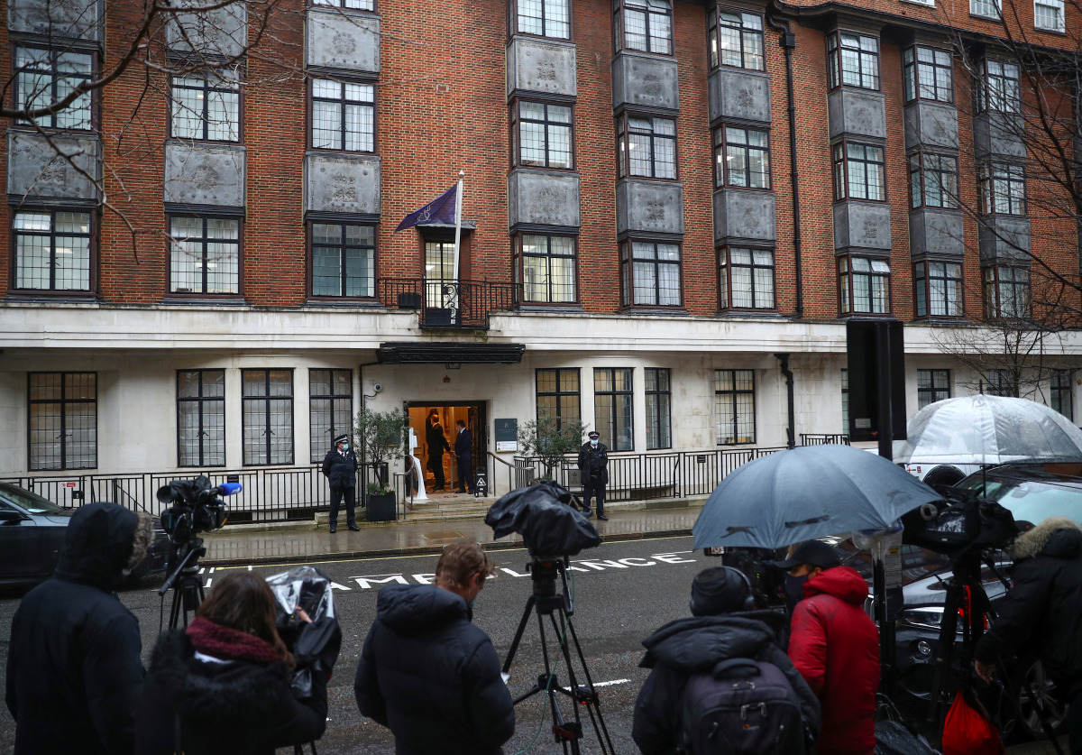 Members of the media gather outside King Edward VII's Hospital, where Britain's Prince Philip was admitted, in London, Britain, February 17, 2021. REUTERS/Hannah McKay